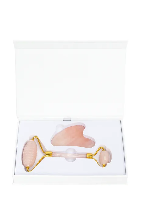 סט רולר וגואה־שה מאבן רוז קוורץ – לעיסוי, חיטוב ופינוק בעור הפנים